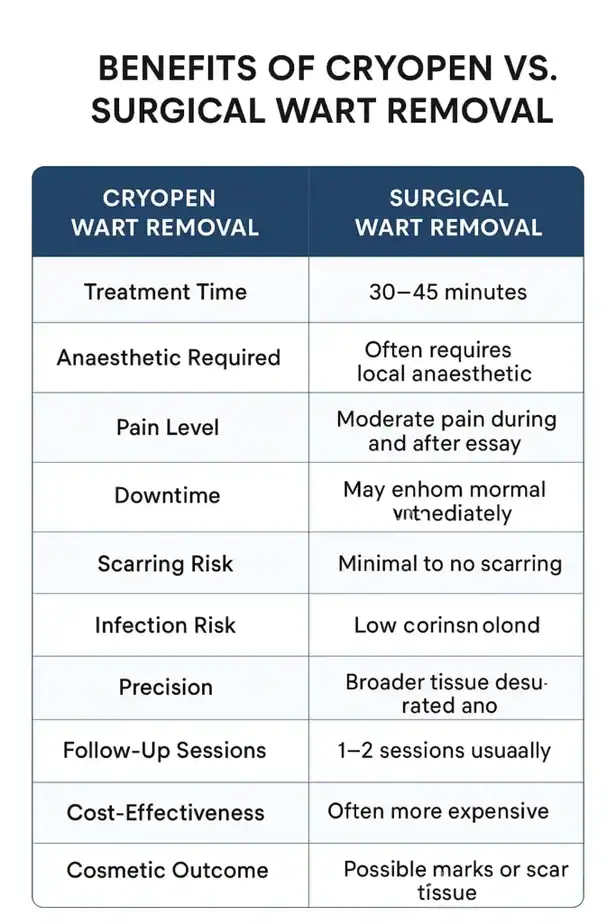 Table showing the benefits of cryopen to remove warts Edmonton compared to surgical treatment
